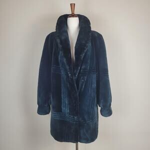 Vintage Rosa Mori Barth-Wind Sheared Fur Coat Teal Blue Shawl Collar Mob Wife